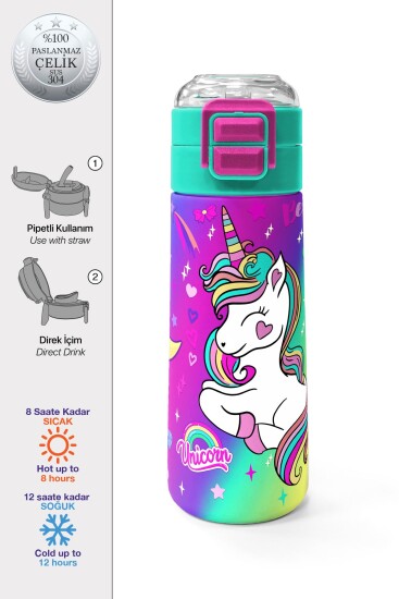 Coral High Kids Lavanta Su Yeşili Unicorn Desenli Pipetli ve Direkt İçim Çelik Termos 500 ml 31937 