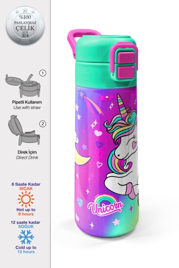 Coral High Kids Lavanta Su Yeşili Unicorn Desenli Pipetli ve Direkt İçim Çelik Termos 500 ml 31937 