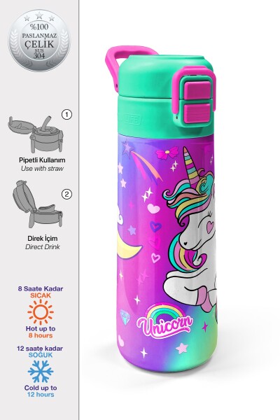 Coral High Kids Lavanta Su Yeşili Unicorn Desenli Pipetli ve Direkt İçim Çelik Termos 500 ml 31937 - 1