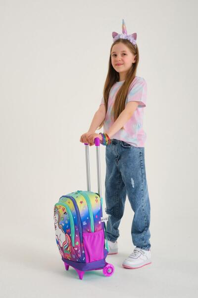 Coral High Kids Lavanta Su Yeşili Unicorn Desenli Üç Bölmeli Çekçekli Okul Sırt Çantası 23929 - 7