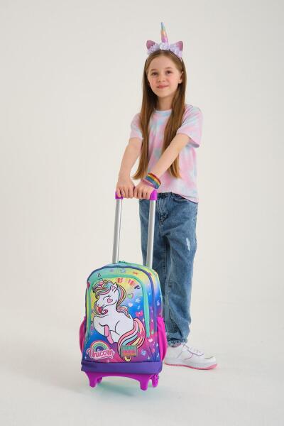 Coral High Kids Lavanta Su Yeşili Unicorn Desenli Üç Bölmeli Çekçekli Okul Sırt Çantası 23929 - 2
