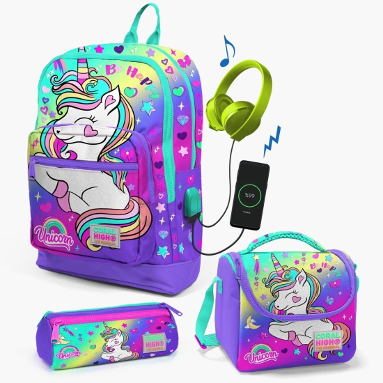 Coral High Kids Lavanta Su Yeşili Unicorn Desenli USB'li 3’lü Okul Çanta Seti SET0123829 