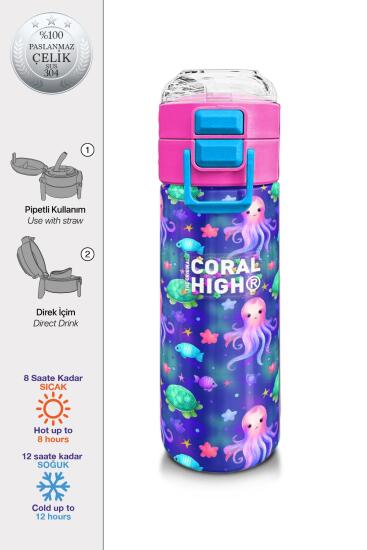 Coral High Kids Lavanta Turkuaz Deniz Temalı Pipetli ve Direkt İçim Çelik Termos 500 ml 31860 - Coral High KIDS