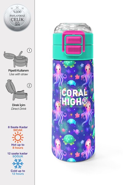 Coral High Kids Lavanta Turkuaz Deniz Temalı Pipetli ve Direkt İçim Çelik Termos 500 ml 31860 - 1