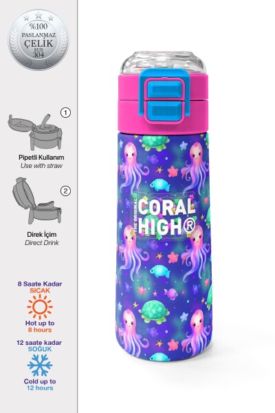 Coral High Kids Lavanta Turkuaz Deniz Temalı Pipetli ve Direkt İçim Çelik Termos 500 ml 31860 - 1