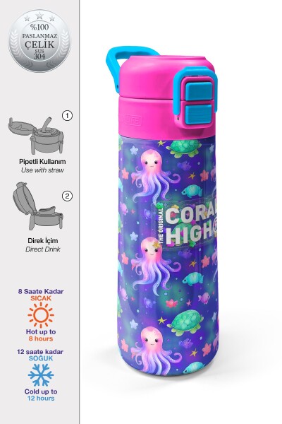 Coral High Kids Lavanta Turkuaz Deniz Temalı Pipetli ve Direkt İçim Çelik Termos 500 ml 31860 - 1
