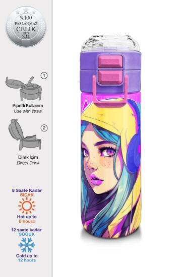 Coral High Kids Lavanta Turkuaz Kulaklı Kız Desenli Pipetli ve Direkt İçim Çelik Termos 500 ml 31835 - Coral High KIDS
