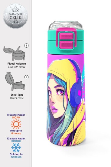 Coral High Kids Lavanta Turkuaz Kulaklı Kız Desenli Pipetli ve Direkt İçim Çelik Termos 500 ml 31835 