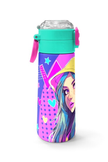 Coral High Kids Lavanta Turkuaz Kulaklı Kız Desenli Pipetli ve Direkt İçim Çelik Termos 500 ml 31835 - 2
