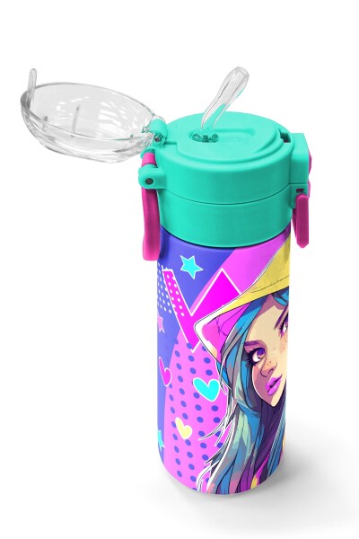 Coral High Kids Lavanta Turkuaz Kulaklı Kız Desenli Pipetli ve Direkt İçim Çelik Termos 500 ml 31835 - 5