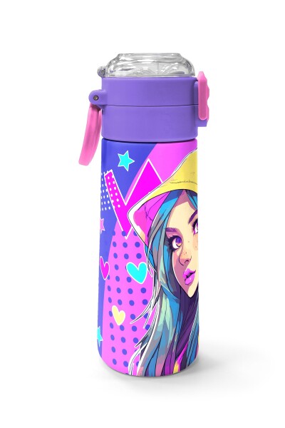 Coral High Kids Lavanta Turkuaz Kulaklı Kız Desenli Pipetli ve Direkt İçim Çelik Termos 500 ml 31835 - 2