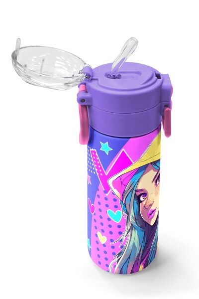 Coral High Kids Lavanta Turkuaz Kulaklı Kız Desenli Pipetli ve Direkt İçim Çelik Termos 500 ml 31835 - 5