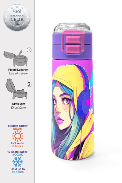 Coral High Kids Lavanta Turkuaz Kulaklı Kız Desenli Pipetli ve Direkt İçim Çelik Termos 500 ml 31835 - 1