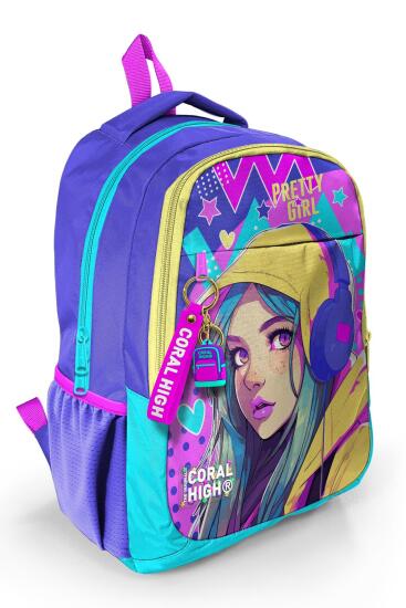 Coral High Kids Lavanta Turkuaz Kulaklı Kız Desenli Üç Bölmeli Okul Sırt Çantası 23661 - Coral High KIDS