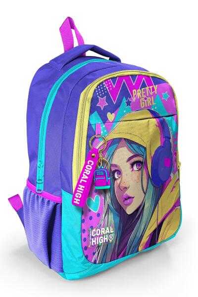 Coral High Kids Lavanta Turkuaz Kulaklı Kız Desenli Üç Bölmeli Okul Sırt Çantası 23661 - 1