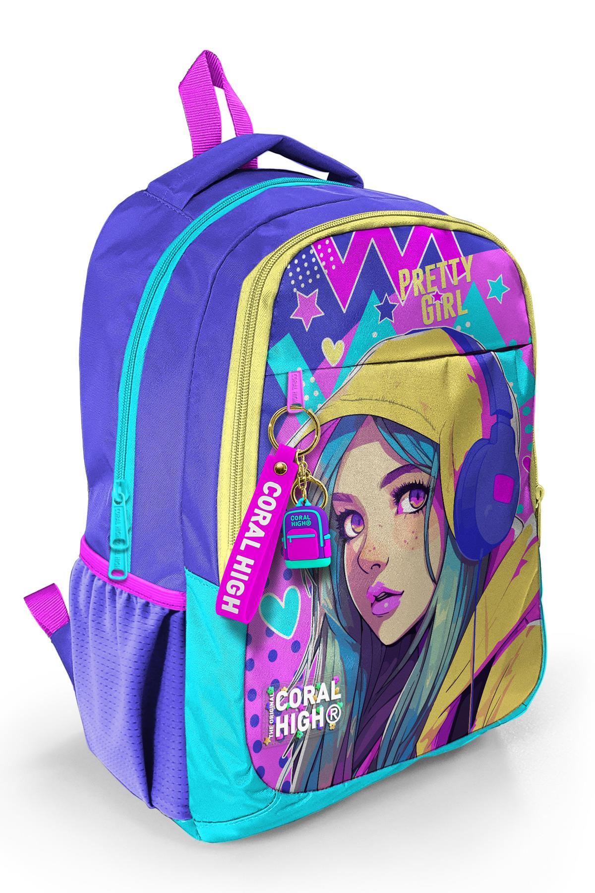 Coral High Kids Lavanta Turkuaz Kulaklı Kız Desenli Üç Bölmeli Okul Sırt Çantası 23661