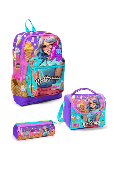 Coral High Kids Lila Turkuaz Dondurma ve Anime Desenli 3’lü Okul Çanta Seti SET0123773 - Coral High