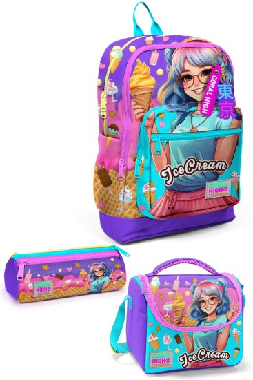 Coral High Kids Lila Turkuaz Dondurma ve Anime Desenli 3’lü Okul Çanta Seti SET0123773 