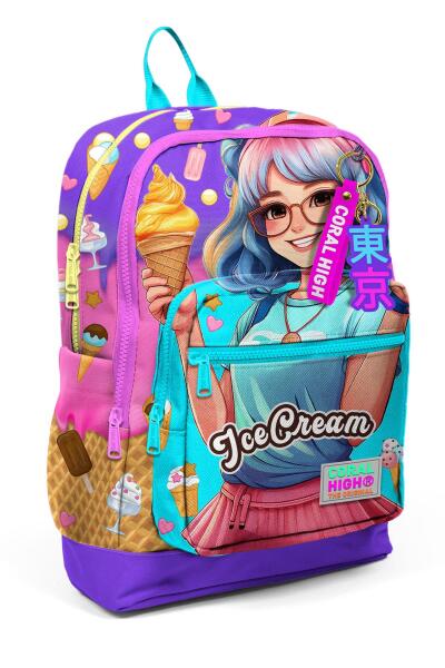 Coral High Kids Lila Turkuaz Dondurma ve Anime Desenli Dört Bölmeli Okul Sırt Çantası 23773 - 1