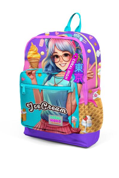 Coral High Kids Lila Turkuaz Dondurma ve Anime Desenli Dört Bölmeli Okul Sırt Çantası 23773 - 5