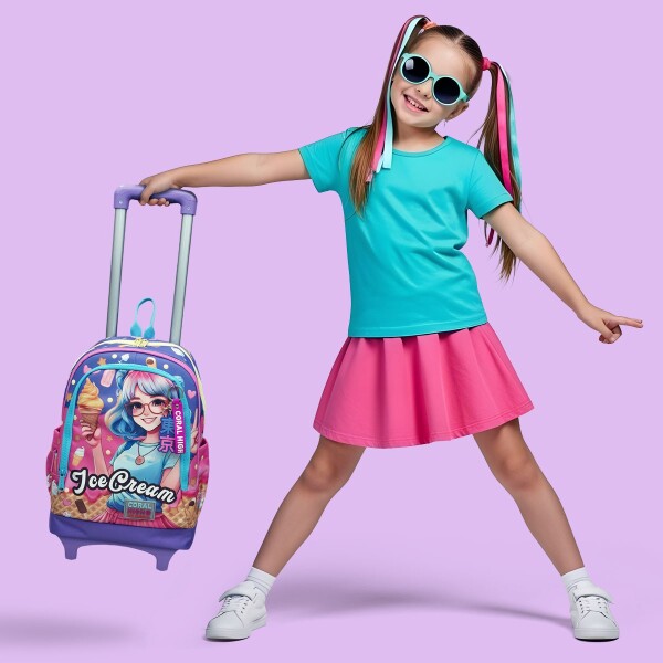 Coral High Kids Lila Turkuaz Dondurma ve Anime Desenli Üç Bölmeli Çekçekli Okul Sırt Çantası 23973 - 4