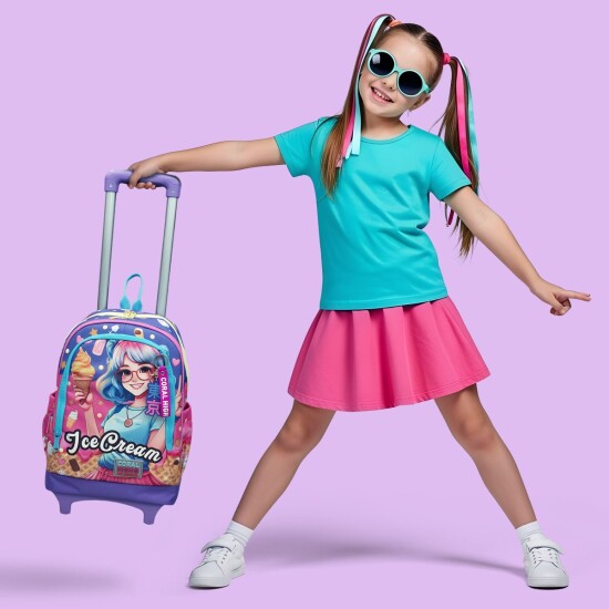Coral High Kids Lila Turkuaz Dondurma ve Anime Desenli Üç Bölmeli Çekçekli Okul Sırt Çantası 23973 - Coral High KIDS