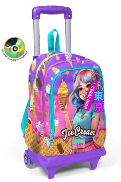 Coral High Kids Lila Turkuaz Dondurma ve Anime Desenli Üç Bölmeli Çekçekli Okul Sırt Çantası 23973 - 1