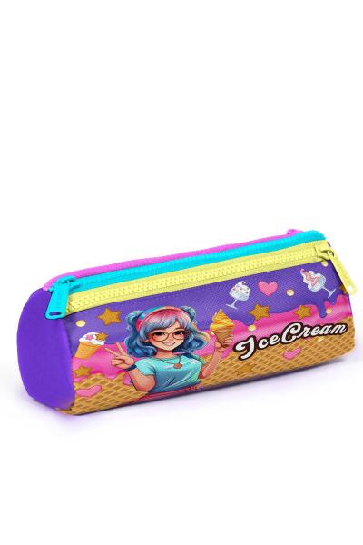 Coral High Kids Lila Turkuaz Dondurma ve Anime Desenli Üç Bölmeli Kalem Çantası 22089 - 3