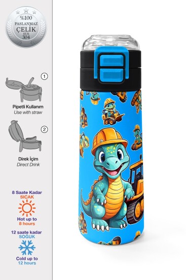 Coral High Kids Mavi Dinozor Desenli Pipetli ve Direkt İçim Çelik Termos 500 ml 31799 - CORAL HIGH KIDS