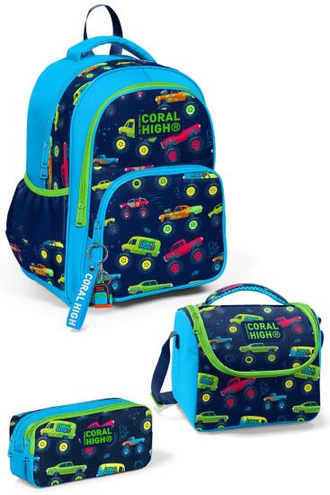 Coral High Kids Mavi Lacivert Monster Truck Desenli 3'lü Okul Çanta Seti SET0123406 
