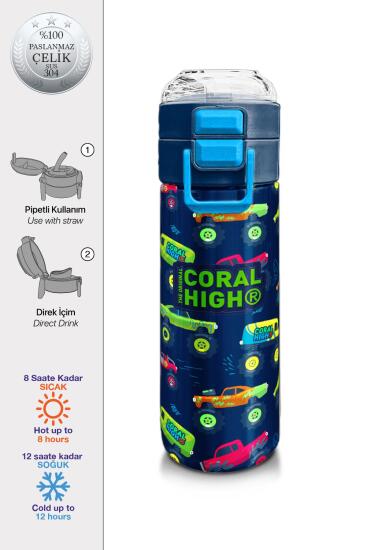 Coral High Kids Mavi Lacivert Truck Desenli Pipetli ve Direkt İçim Çelik Termos 500 ml 31979 - Coral High KIDS