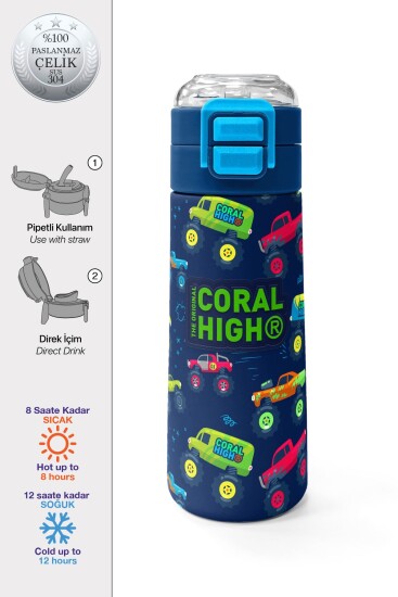 Coral High Kids Mavi Lacivert Truck Desenli Pipetli ve Direkt İçim Çelik Termos 500 ml 31979 