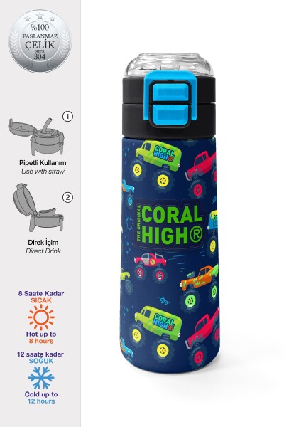 Coral High Kids Mavi Lacivert Truck Desenli Pipetli ve Direkt İçim Çelik Termos 500 ml 31979 - 1