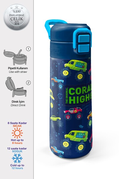 Coral High Kids Mavi Lacivert Truck Desenli Pipetli ve Direkt İçim Çelik Termos 500 ml 31979 - 1