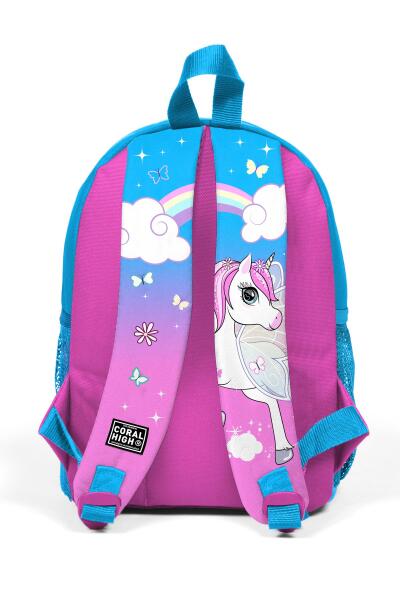Minik Yuva Sırt Çantası Mavi Neon Pembe Unicorn Desenli İki Bölmeli 23511 - 4