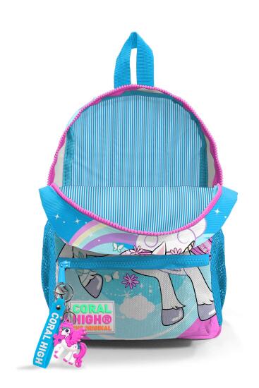 Minik Yuva Sırt Çantası Mavi Neon Pembe Unicorn Desenli İki Bölmeli 23511 - 3