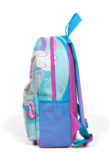 Minik Yuva Sırt Çantası Mavi Neon Pembe Unicorn Desenli İki Bölmeli 23511 - 6