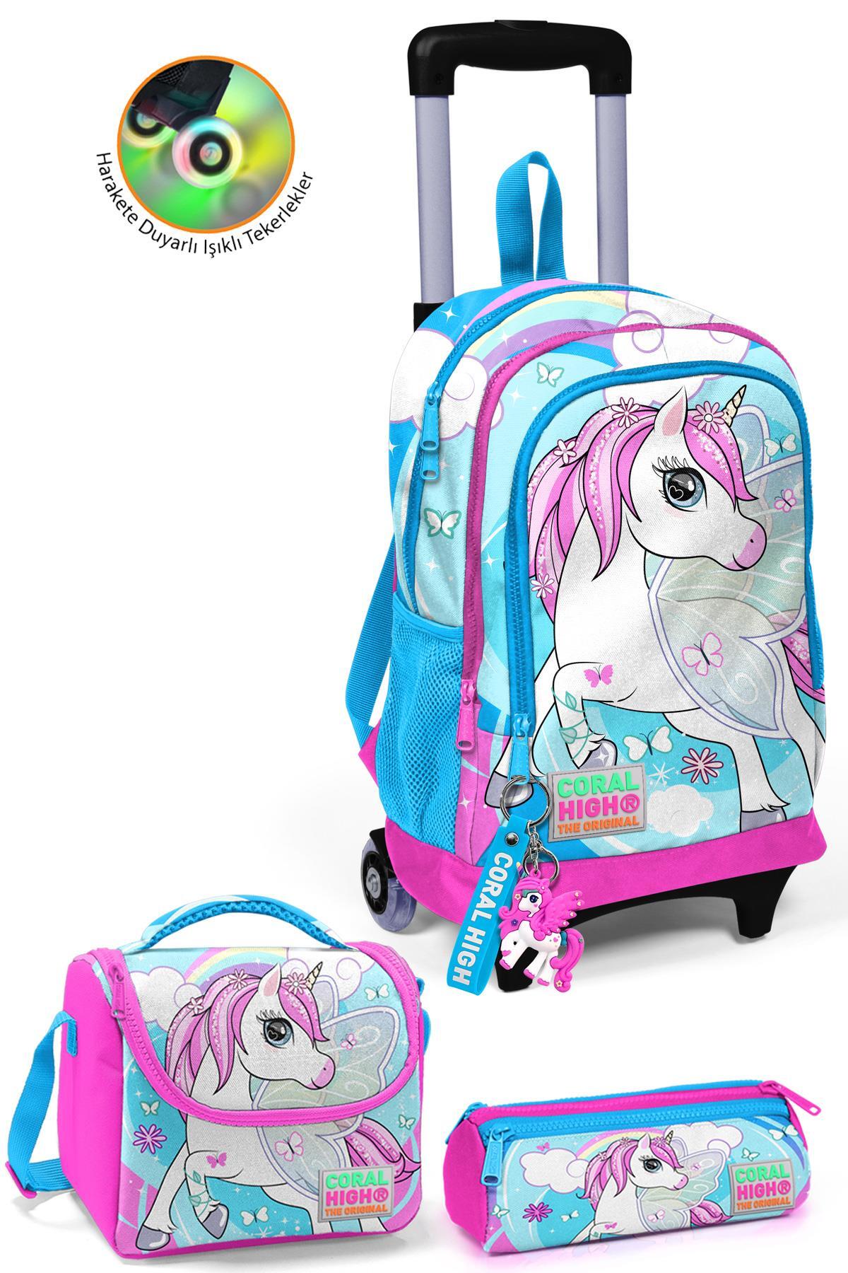 Coral High Kids Mavi Neon Pembe Unicorn Desenli Çekçekli 3'lü Çanta Seti SET0123911