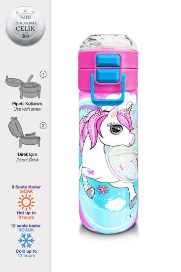 Coral High Kids Mavi Neon Pembe Unicorn Desenli Pipetli ve Direkt İçim Çelik Termos 500 ml 31925 - Coral High KIDS