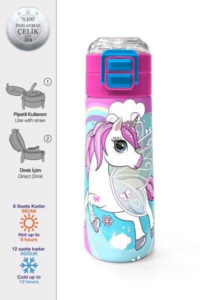 Coral High Kids Mavi Neon Pembe Unicorn Desenli Pipetli ve Direkt İçim Çelik Termos 500 ml 31925 - 1