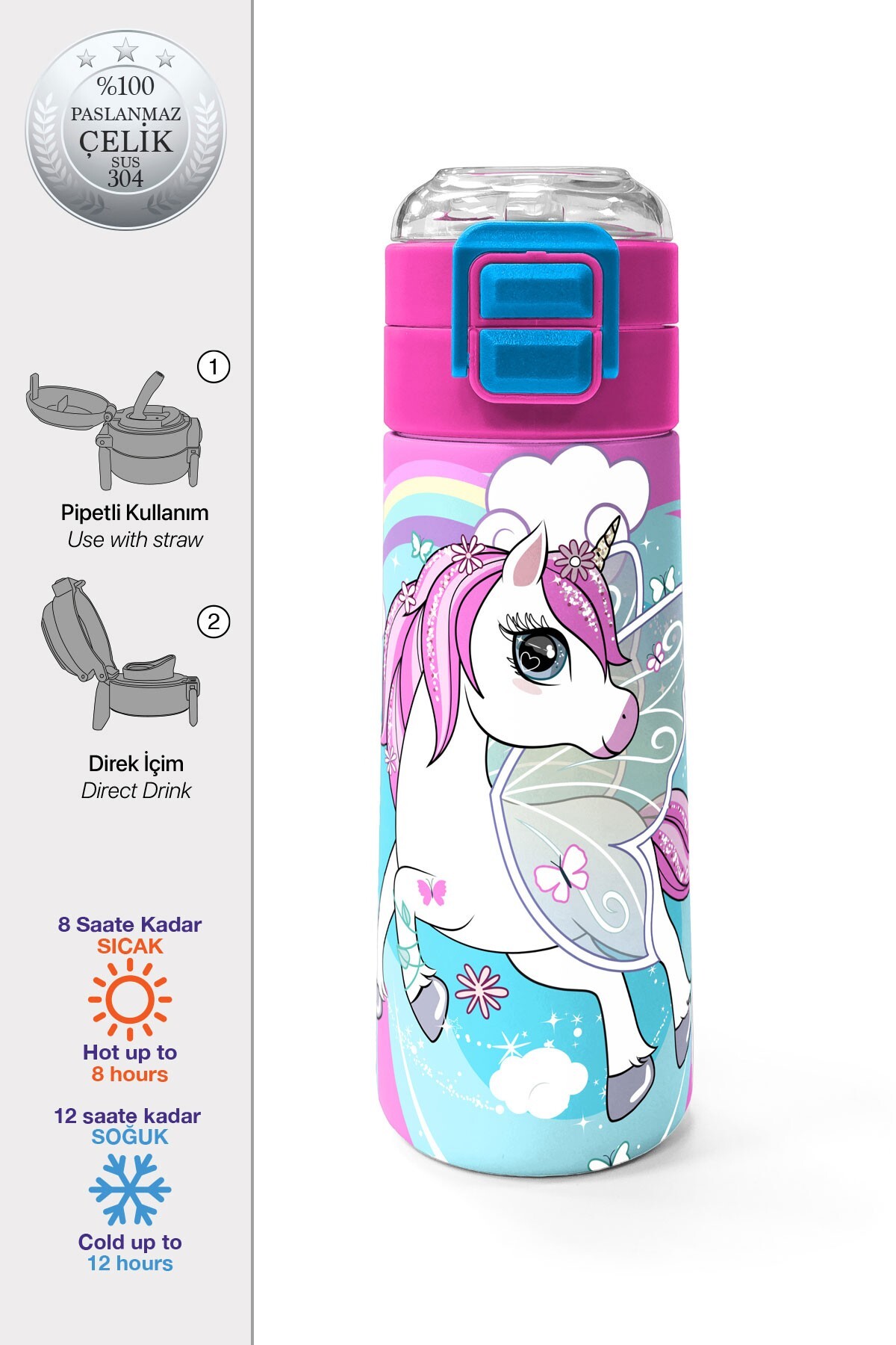 Coral High Kids Mavi Neon Pembe Unicorn Desenli Pipetli ve Direkt İçim Çelik Termos 500 ml 31925