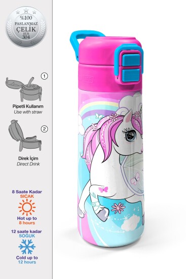 Coral High Kids Mavi Neon Pembe Unicorn Desenli Pipetli ve Direkt İçim Çelik Termos 500 ml 31925 