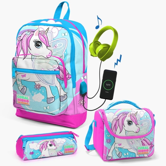 Coral High Kids Mavi Neon Pembe Unicorn Desenli USB'li 3’lü Okul Çanta Seti SET0123811 