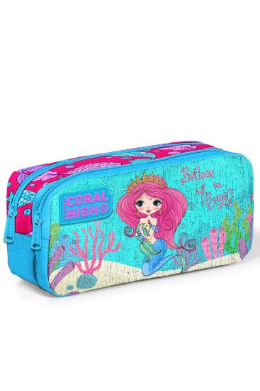 Coral High Kids Mavi Pembe Deniz Kızı Desenli İki Bölmeli Kalem Çantası 12049 - Coral High KIDS