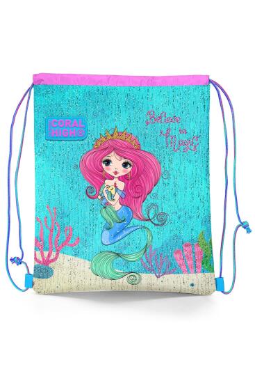 Coral High Kids Mavi Pembe Deniz Kızı Desenli İpli Büzgülü Sırt Çantası 22681 - Coral High KIDS