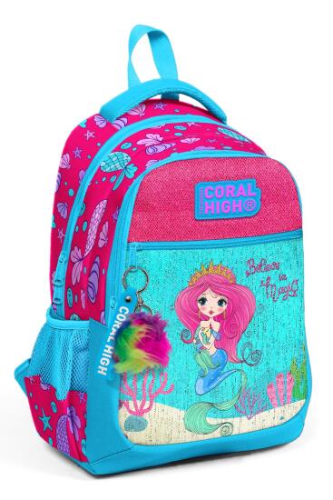 Coral High Kids Mavi Pembe Deniz Kızı Desenli Üç Bölmeli Okul Sırt Çantası 23476 