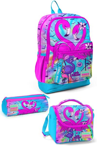 Coral High Kids Mavi Pembe Flamingo Desenli 3’lü Okul Çanta Seti SET0123730 - 1