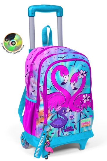 Coral High Kids Mavi Pembe Flamingo Desenli Üç Bölmeli Çekçekli Okul Sırt Çantası 23930 - 1