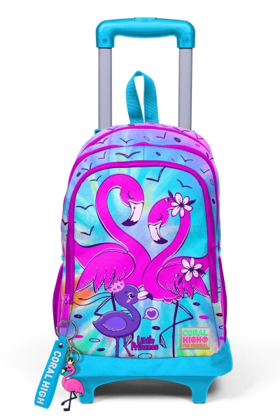 Coral High Kids Mavi Pembe Flamingo Desenli Üç Bölmeli Çekçekli Okul Sırt Çantası 23930 - 9