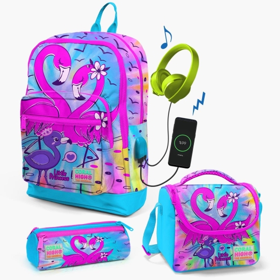 Coral High Kids Mavi Pembe Flamingo Desenli USB'li 3’lü Okul Çanta Seti SET0123830 - Coral High KIDS
